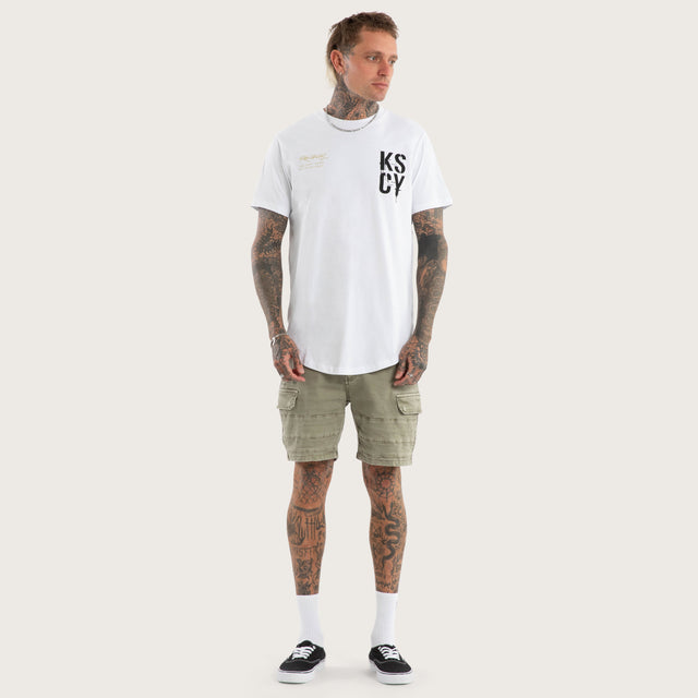 Model wears Alpha Slim Curved Hem Tee Optical White T-Shirts in White - Image 2