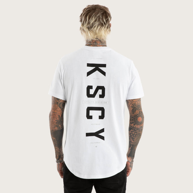 Model wears Stamp Curved Hem Tee in Optical White T-Shirts in White - Image 1