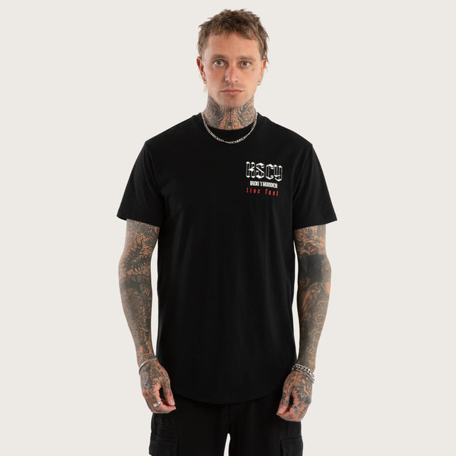 Model wears Iron Thunder Curved Hem Tee Jet Black T-Shirts in Black - Image 3