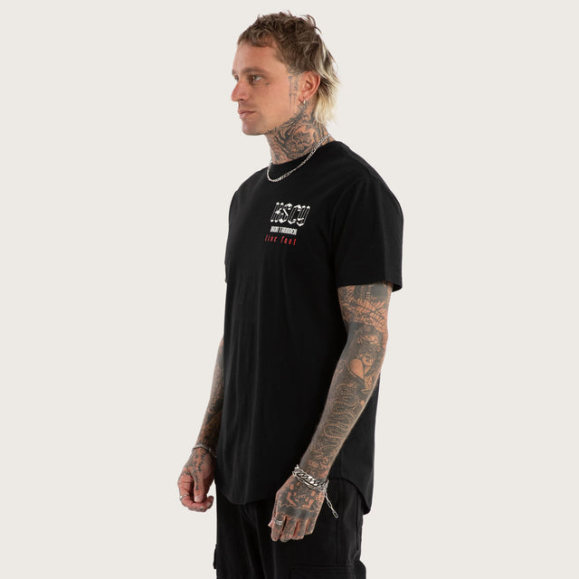 Model wears Iron Thunder Curved Hem Tee Jet Black T-Shirts in Black - Image 4