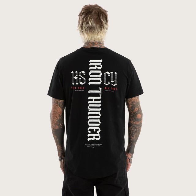 Model wears Iron Thunder Curved Hem Tee Jet Black T-Shirts in Black - Image 1
