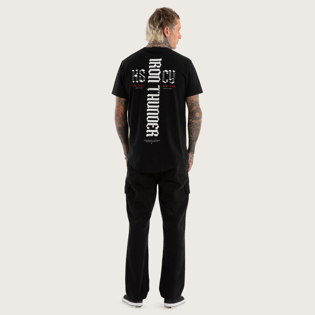 Model wears Iron Thunder Curved Hem Tee Jet Black T-Shirts in Black - Image 5