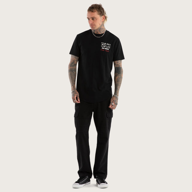 Model wears Iron Thunder Curved Hem Tee Jet Black T-Shirts in Black - Image 2