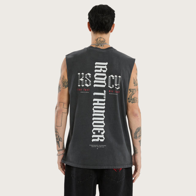 Model wears Iron Thunder Relaxed Muscle Tee Pigment Black Muscle Tees in Black - Image 1