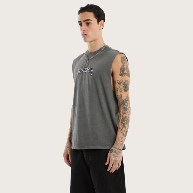 Model wears Obelisk Relaxed Muscle Tee Pigment Charcoal Grey Muscle Tees in Grey - Image 2