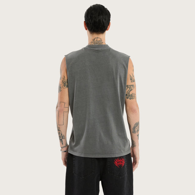 Model wears Obelisk Relaxed Muscle Tee Pigment Charcoal Grey Muscle Tees in Grey - Image 5