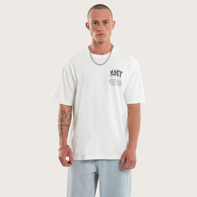 Model wears Fallen Box Fit Tee Natural White T-Shirts in White - Image 1