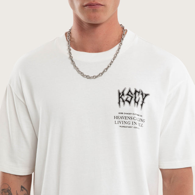 Model wears Fallen Box Fit Tee Natural White T-Shirts in White - Image 3