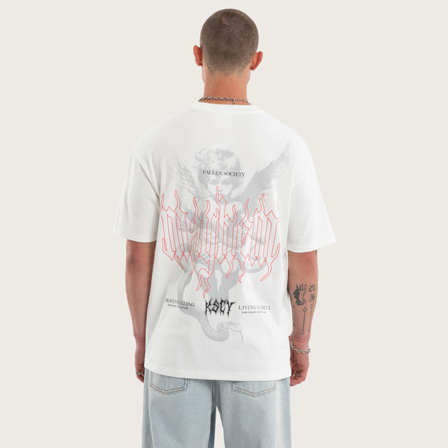 Model wears Fallen Box Fit Tee Natural White T-Shirts in White - Image 2