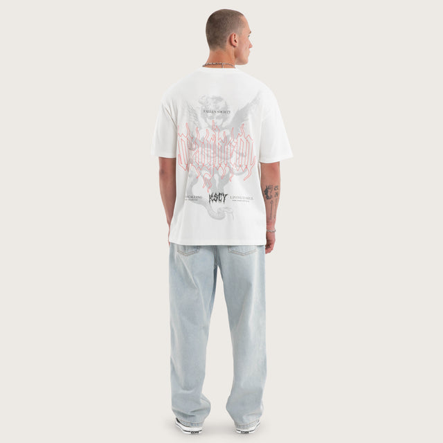 Model wears Fallen Box Fit Tee Natural White T-Shirts in White - Image 4