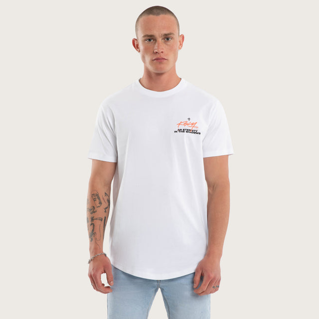 Model wears Prodigy Dual Curved Tee White T-Shirts in White - Image 1