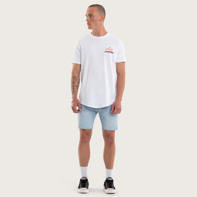 Model wears Prodigy Dual Curved Tee White T-Shirts in White - Image 5