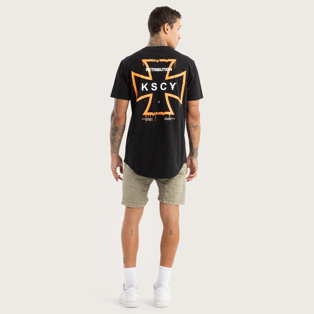 Model wears Retribution Curved Hem Tee Jet Black T-Shirts in Black - Image 5