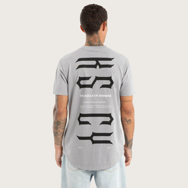 Model wears Trapped Dual Curved Tee Pigment Silver Sconce T-Shirts in Grey - Image 2