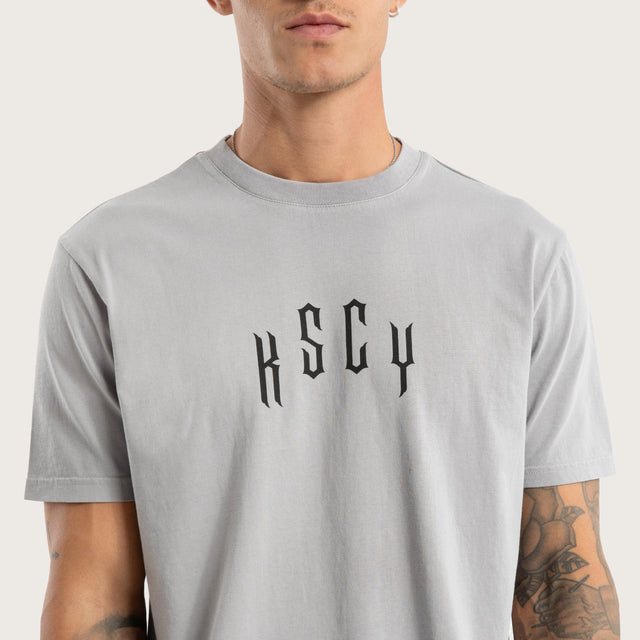 Model wears Trapped Dual Curved Tee Pigment Silver Sconce T-Shirts in Grey - Image 3