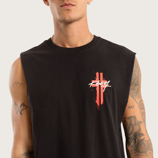 Model wears Letdown Dual Curved Muscle Jet Black Muscle Tees in Black - Image 3