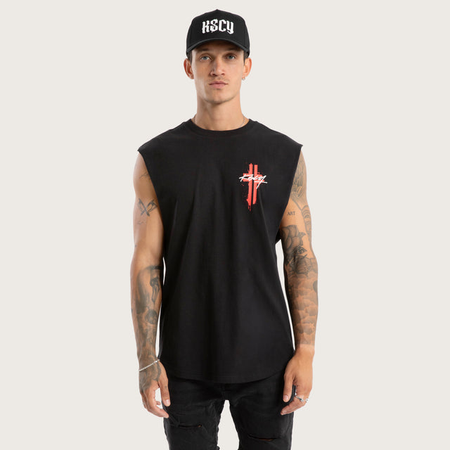 Model wears Letdown Dual Curved Muscle Jet Black Muscle Tees in Black - Image 2