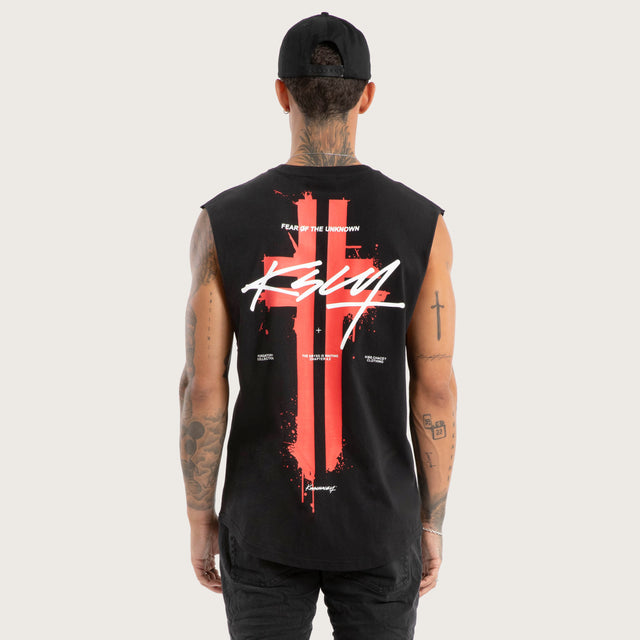 Model wears Letdown Dual Curved Muscle Jet Black Muscle Tees in Black - Image 1