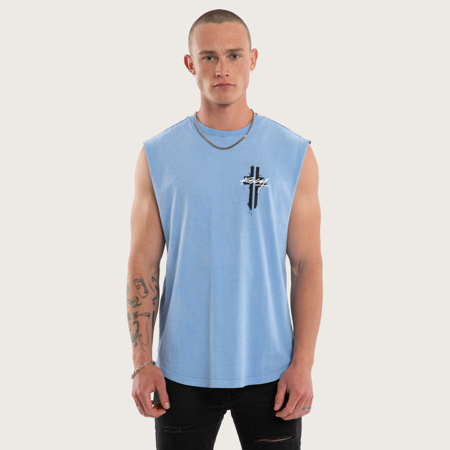 Model wears Letdown Dual Curved Muscle Pigment Vista Blue Muscle Tees in Blue - Image 1