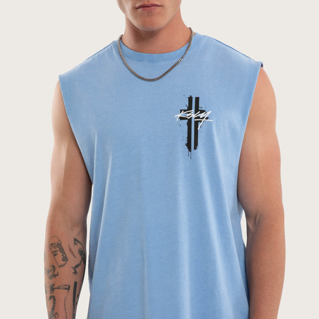 Model wears Letdown Dual Curved Muscle Pigment Vista Blue Muscle Tees in Blue - Image 2