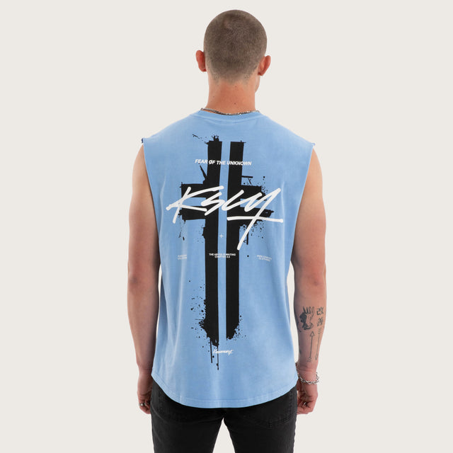 Model wears Letdown Dual Curved Muscle Pigment Vista Blue Muscle Tees in Blue - Image 3