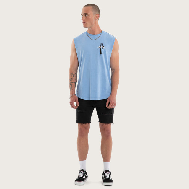 Model wears Letdown Dual Curved Muscle Pigment Vista Blue Muscle Tees in Blue - Image 5