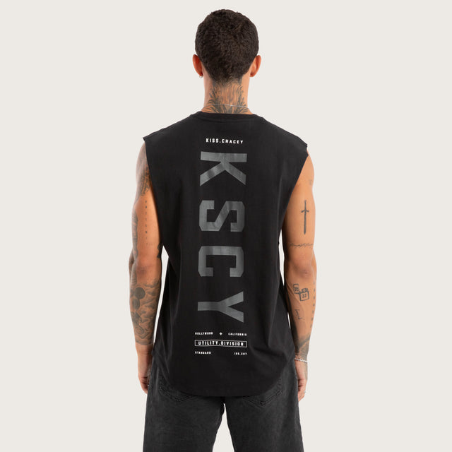 Model wears Visualise Dual Curved Muscle Jet Black Muscle Tees in Black - Image 2