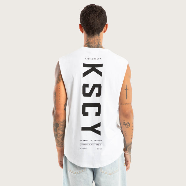 Model wears Visualise Curved Hem Muscle Tee White Muscle Tees in White - Image 2