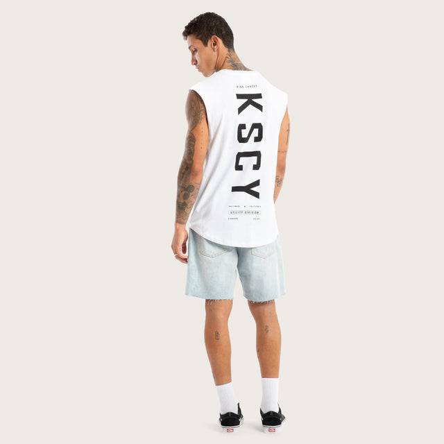 Model wears Visualise Curved Hem Muscle Tee White Muscle Tees in White - Image 5