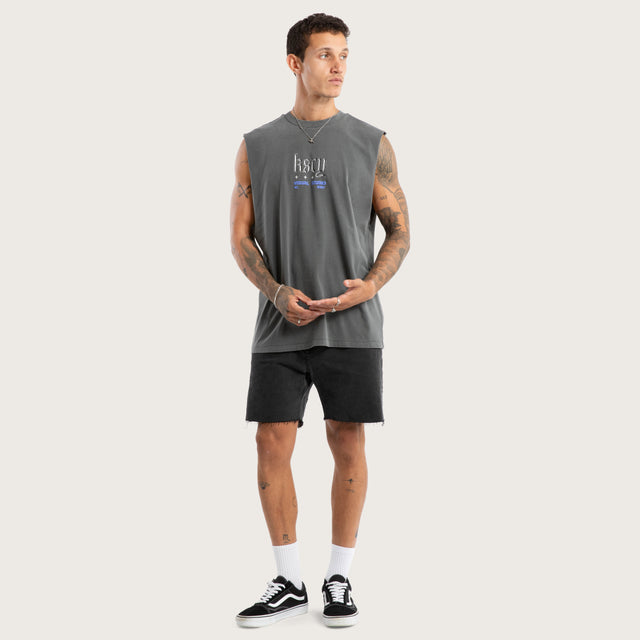 Model wears Studio Relaxed Muscle Pigment Charcoal Muscle Tees in Grey - Image 4