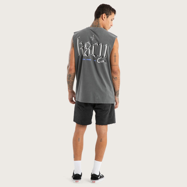 Model wears Studio Relaxed Muscle Pigment Charcoal Muscle Tees in Grey - Image 5