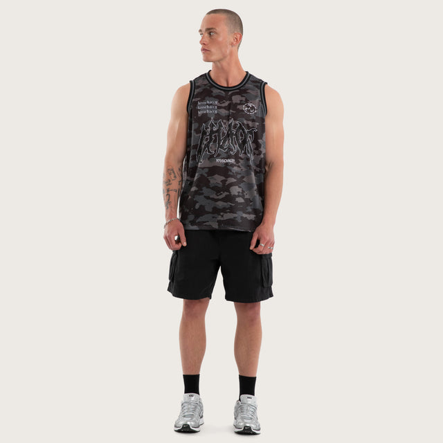 Model wears Glory Basketball Jersey Black Camo Jerseys in Camo - Image 5
