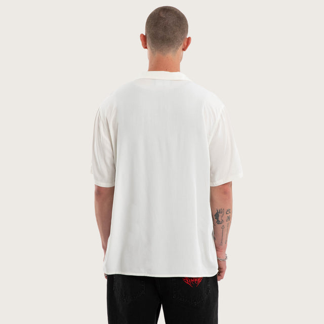 Model wears Risen Button Up Short Sleeve Shirt in Natural White Short Sleeve Shirts in White - Image 3