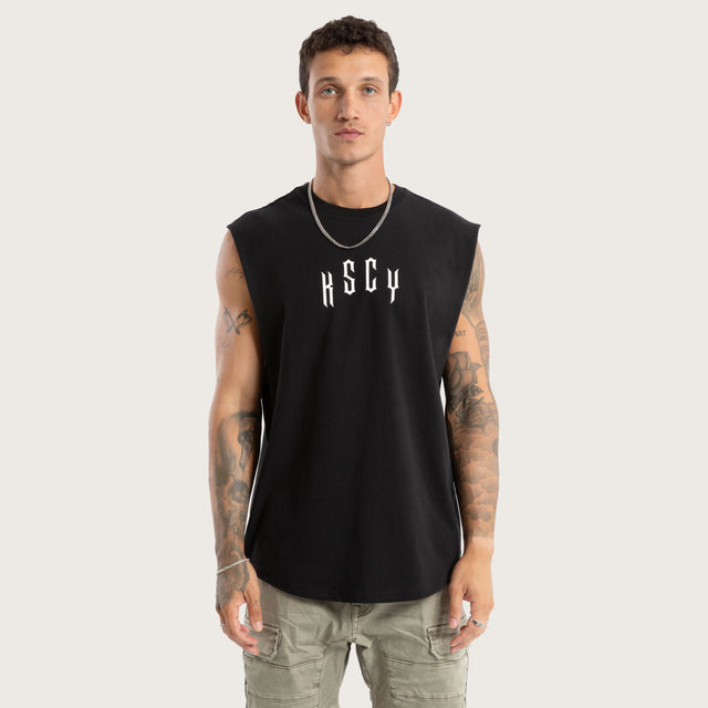 Model wears Trapped Dual Curved Muscle Jet Black Muscle Tees Black – image 1