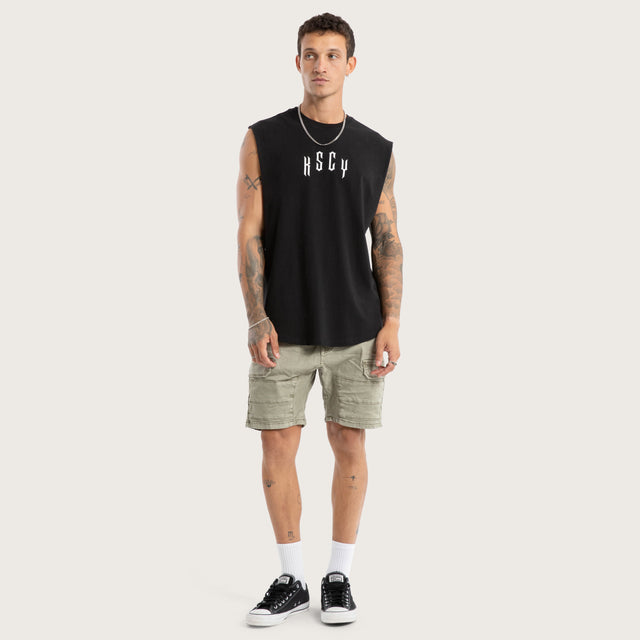 Model wears Trapped Dual Curved Muscle Jet Black Muscle Tees Black – image 4