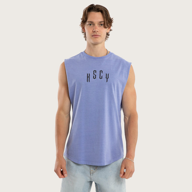 Model wears Trapped Dual Curved Muscle Pigment Purple Trumpet Muscle Tees Purple – image 3