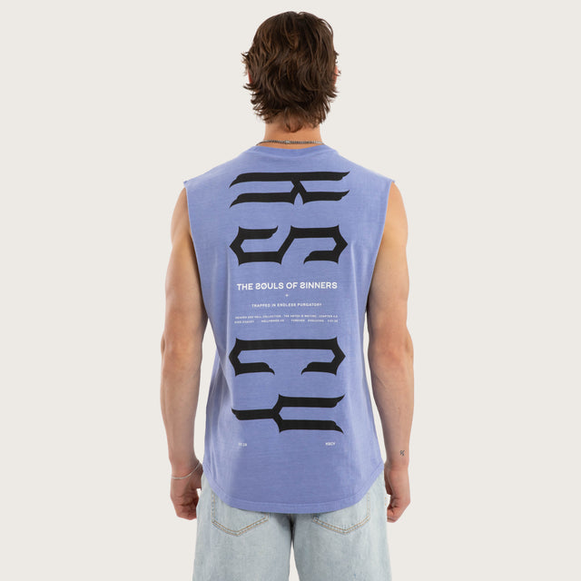 Model wears Trapped Dual Curved Muscle Pigment Purple Trumpet Muscle Tees Purple – image 1