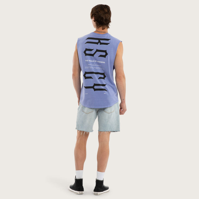 Model wears Trapped Dual Curved Muscle Pigment Purple Trumpet Muscle Tees Purple – image 5