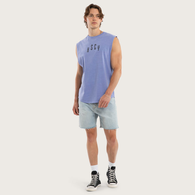 Model wears Trapped Dual Curved Muscle Pigment Purple Trumpet Muscle Tees Purple – image 2