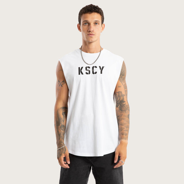 Model wears Utility Dual Curved Muscle White Muscle Tees White – image 1