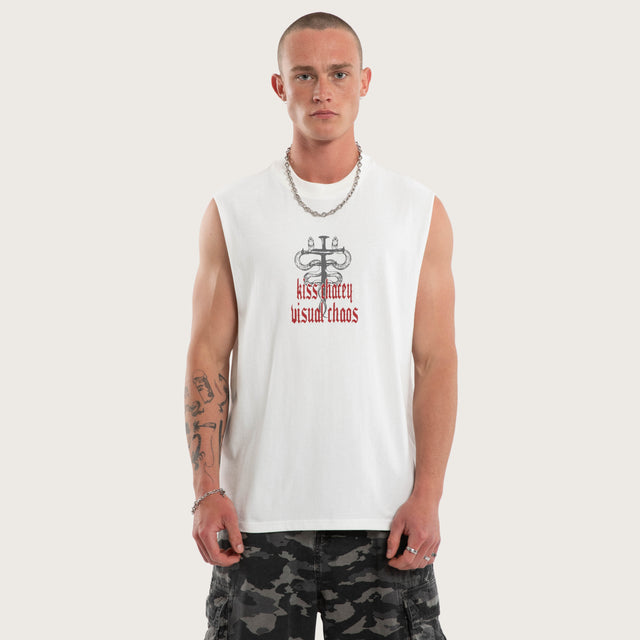 Model wears Pray Soul Street Muscle Natural White Muscle Tees White – image 2