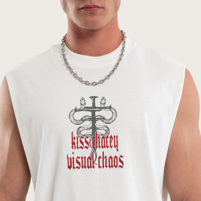 Model wears Pray Soul Street Muscle Natural White Muscle Tees White – image 3