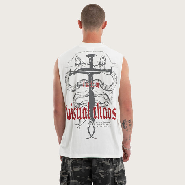 Model wears Pray Soul Street Muscle Natural White Muscle Tees White – image 1