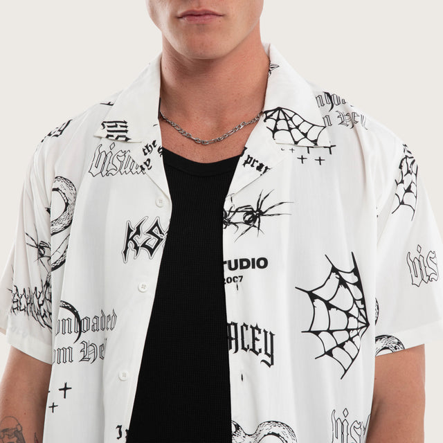 Model wears Coffin Relaxed Short Sleeve Shirt White Print Short Sleeve Shirts White – image 2