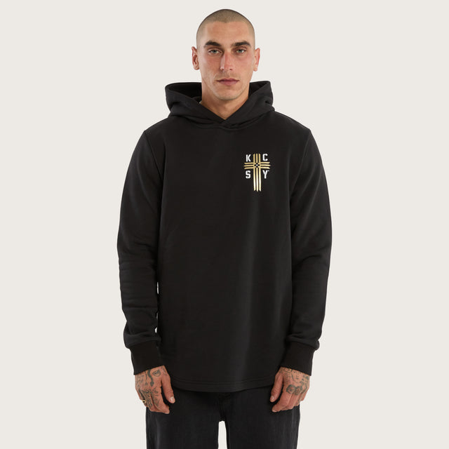 Model wears Guardian Curved Hem Hoodie Jet Black Hoodies in Black - Image 3