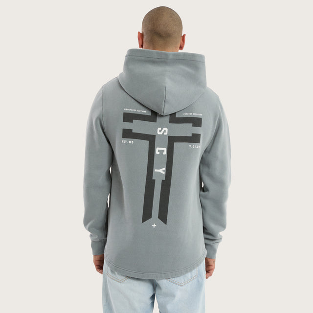 Model wears Divine Curved Hem Hoodie Pigment in Grey Hoodies in Grey - Image 4