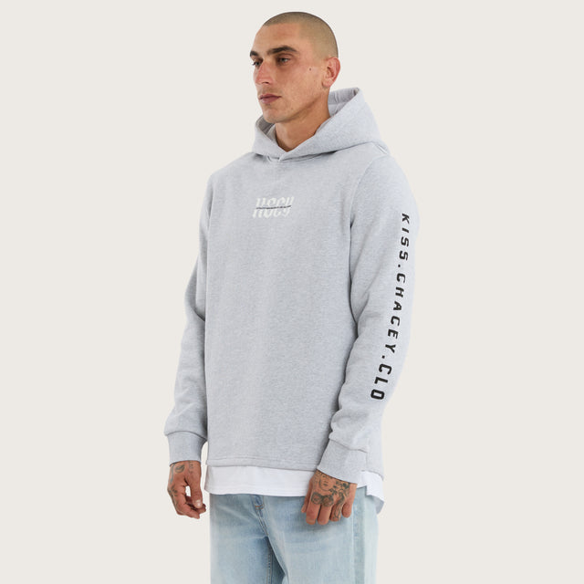 Model wears Sharp Layered Hoodie Grey Marle Hoodies in Grey - Image 3