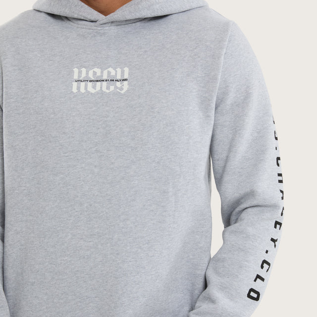 Model wears Sharp Layered Hoodie Grey Marle Hoodies in Grey - Image 4