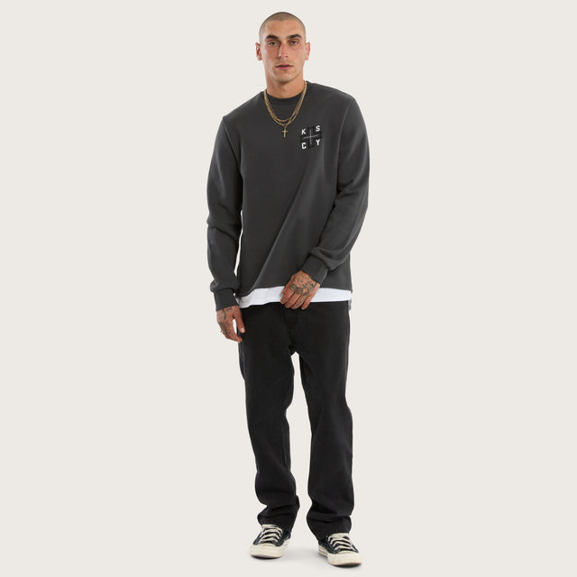 Model wears Roast Layered Sweater Grey Jumpers in Grey - Image 5
