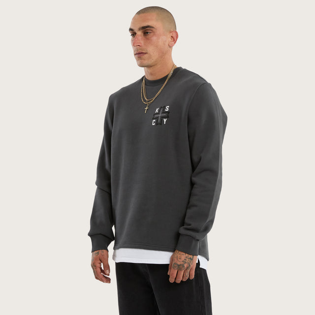 Model wears Roast Layered Sweater Grey Jumpers in Grey - Image 3